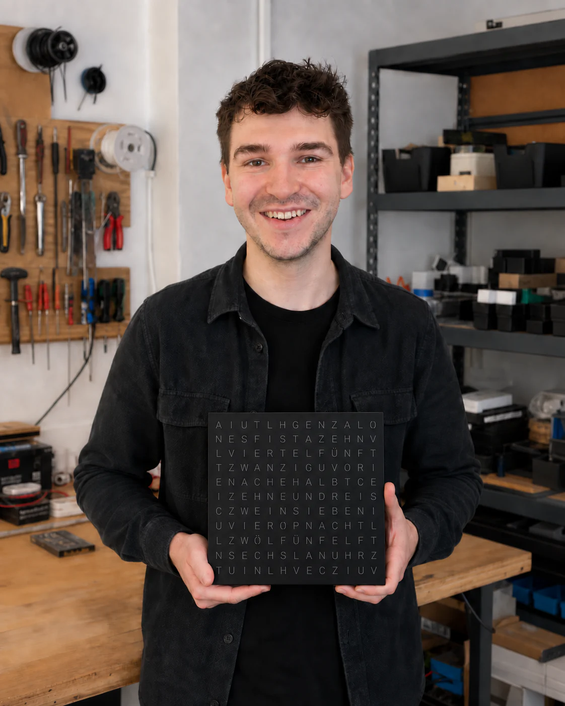 Dominic Reuter hält eine ausgeschaltete Classic Schwarz in einer Werkstatt