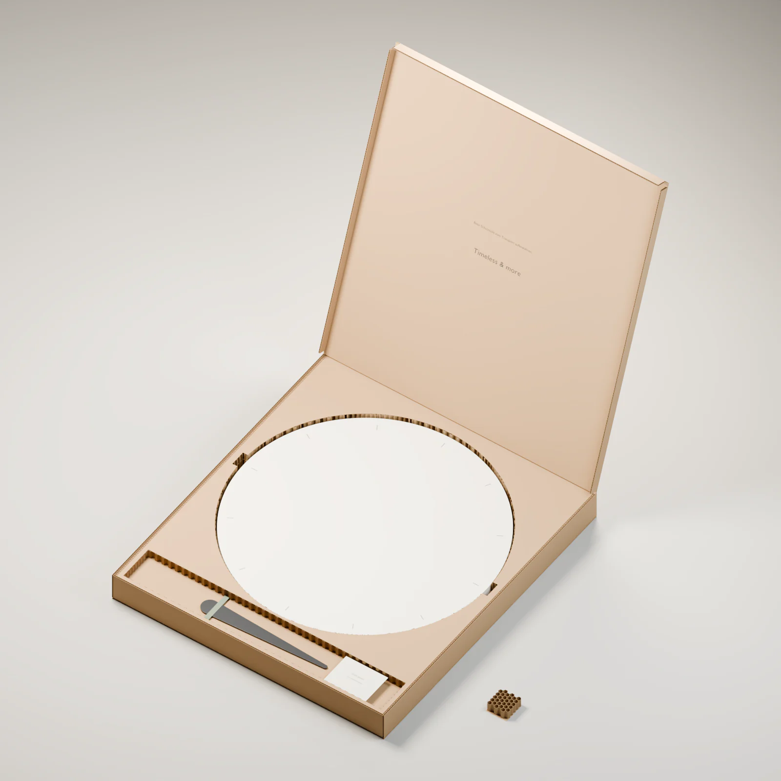 Verpackungsentwurf für Floating Hand aus Kraftkarton mit passender Wabenpappe; noch kein verbindlicher Lieferumfang