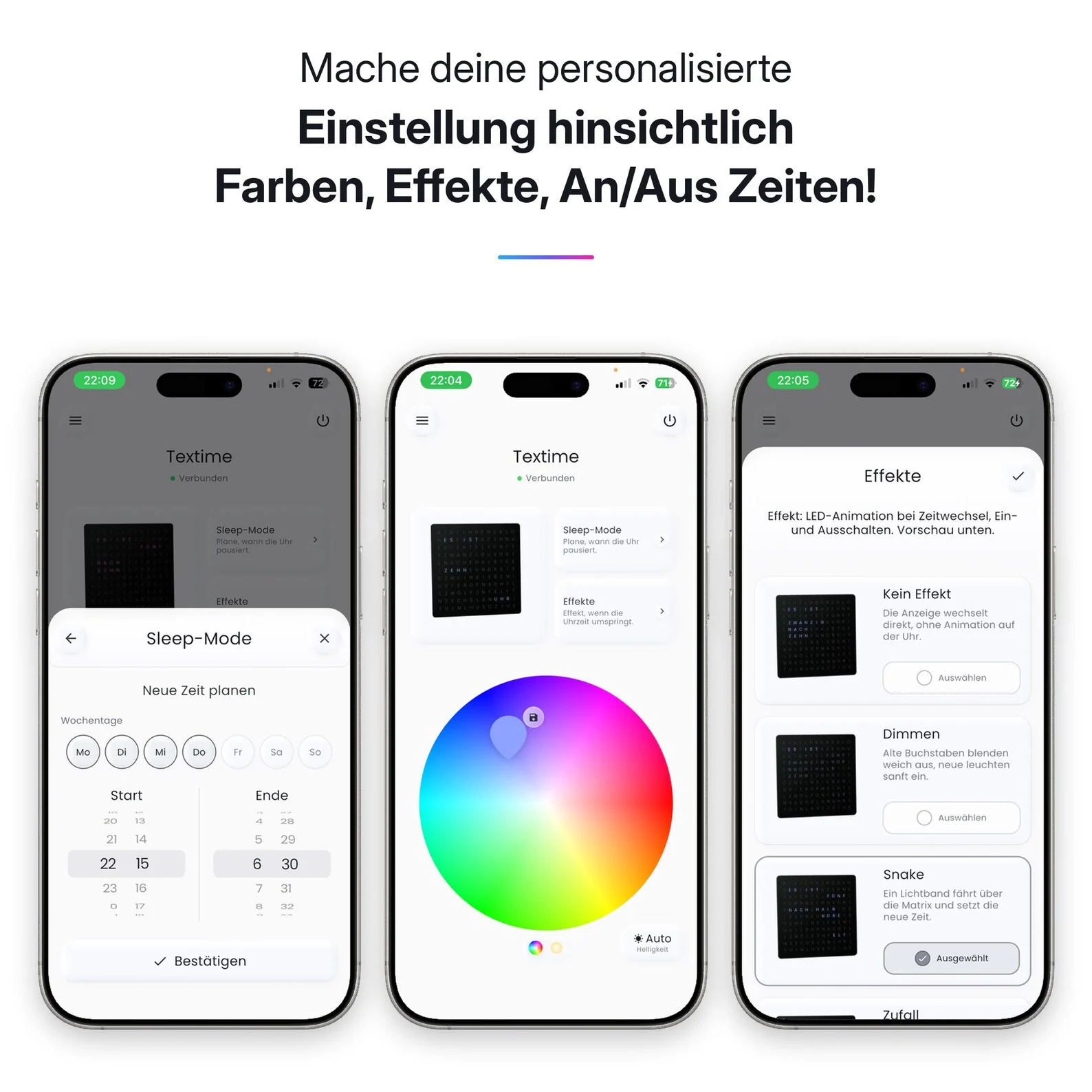 Drei Ansichten der TEXTime App mit Sleep Mode, Farbwahl und Effektsteuerung