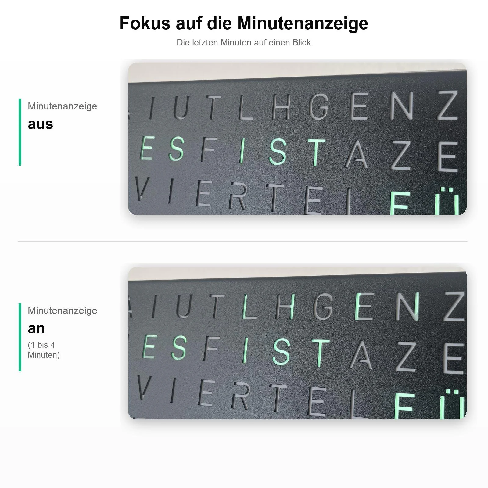 Vergleich der ein- und ausgeschalteten Minutenanzeige bei der schwarzen TEXTime Wortuhr