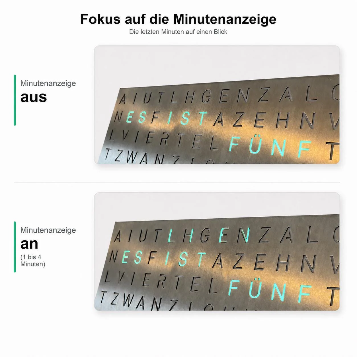 Vergleich der ein- und ausgeschalteten Minutenanzeige bei der TEXTime Wortuhr aus Edelstahl