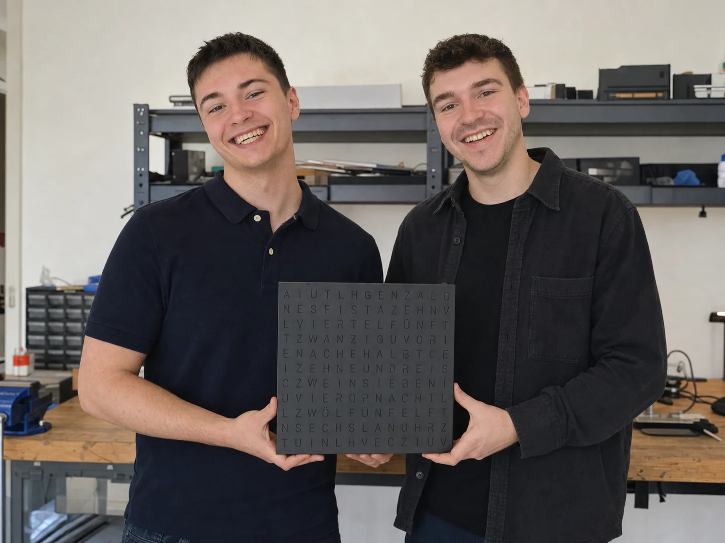 Dominic Reuter und Xavier Choquet halten gemeinsam eine TEXTime Wortuhr